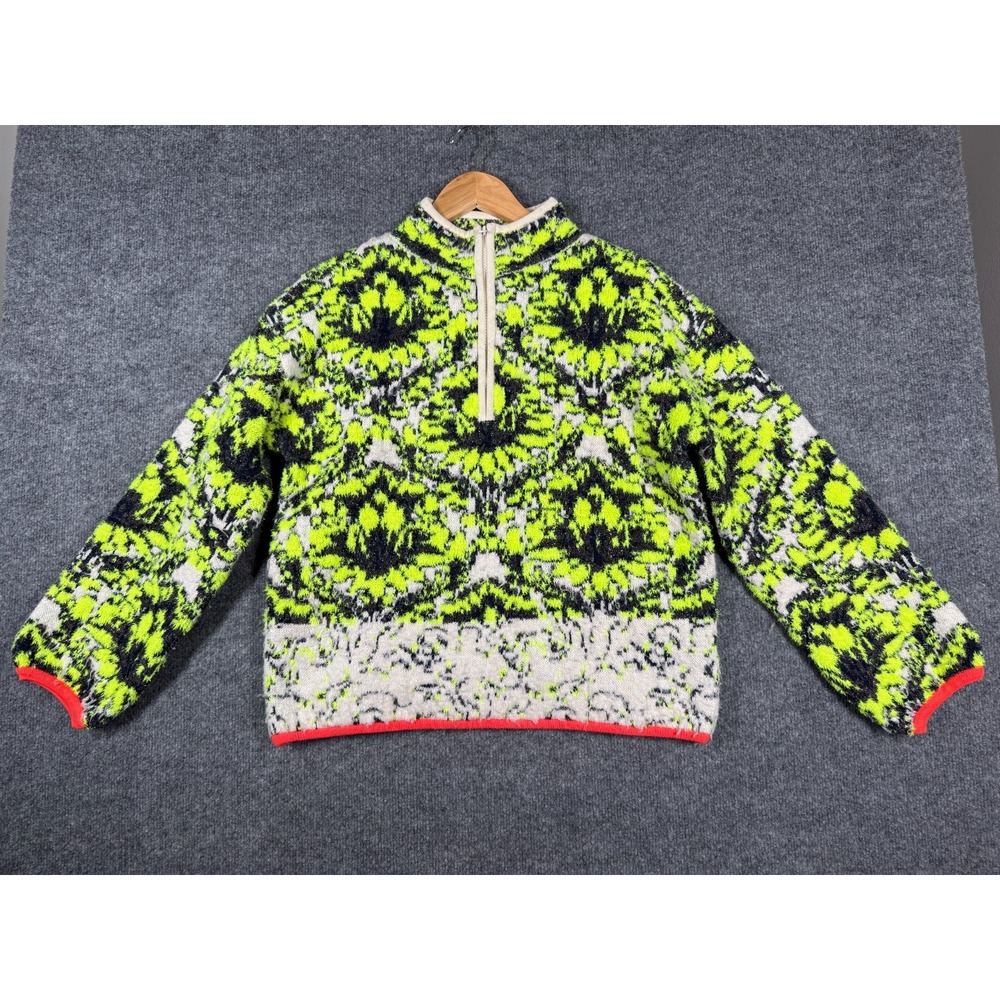Anthropologie Cristina Fuzzy Fleece Sweater Womens Small Neon Green Quarter Zip